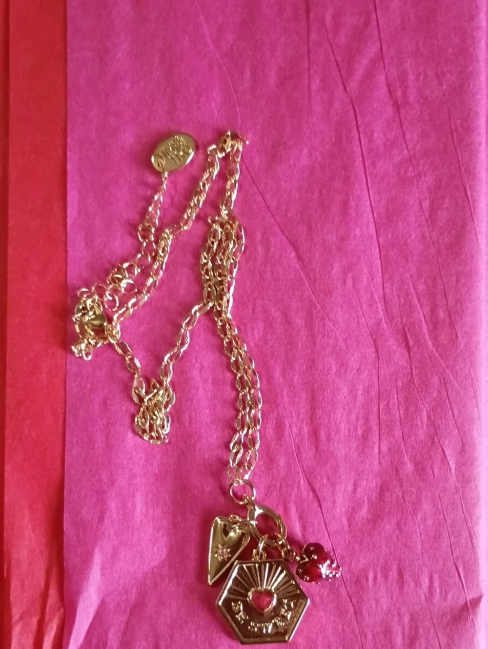 Time and Tru Gold-Tone Charm Necklace with Pink Heart Accent